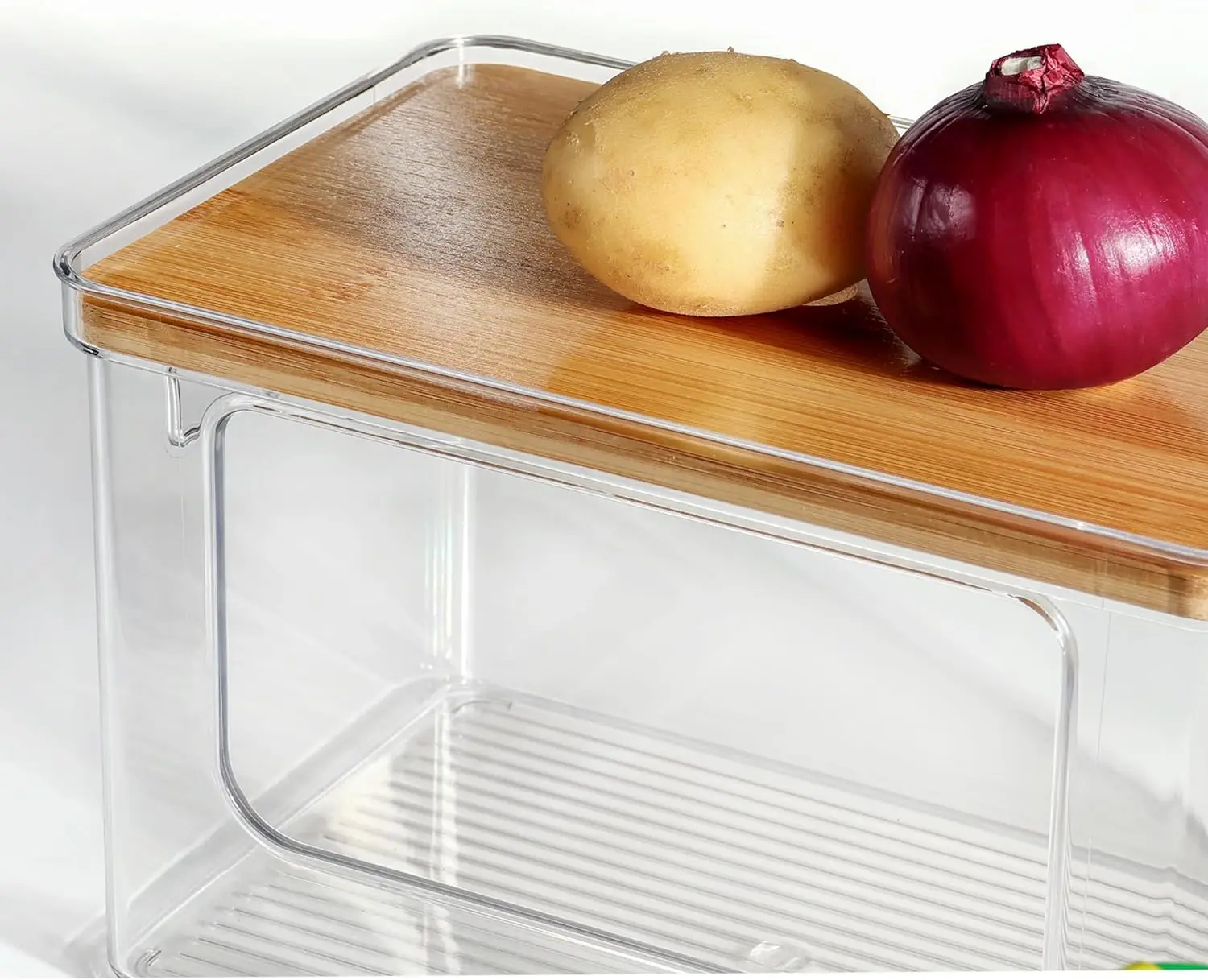 Clear Stackable Storage Basket Acrylic Basket with Bamboo Top Shelf for Onion Potato Vegetable