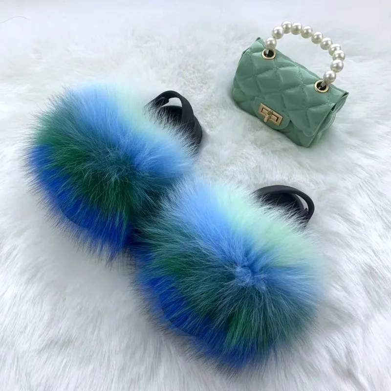 Dropshipping purse and slipper sets 2022 wholesale Custom kids Fox Fur Slides non-slide EVA fur slide slippers
