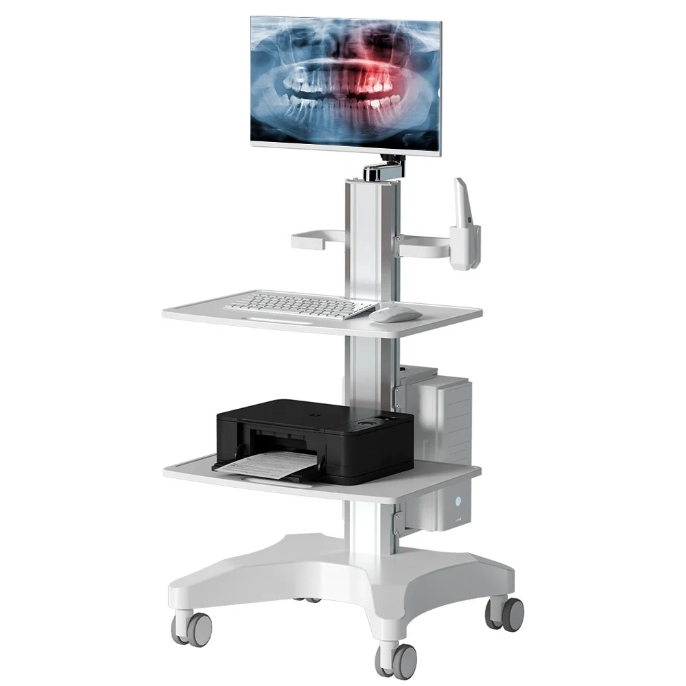 Wholesale Price Hospital Furniture Medical Cart with Oral Scanner Computer Laptop and 2 tray for Clinic