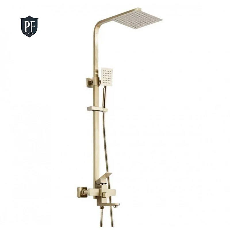 Exposed Shower System Surface Wall-Mounted with Tub Spout Filler Top Handheld Shower Hot and Cold Mixer SUS 304 Brushed Gold