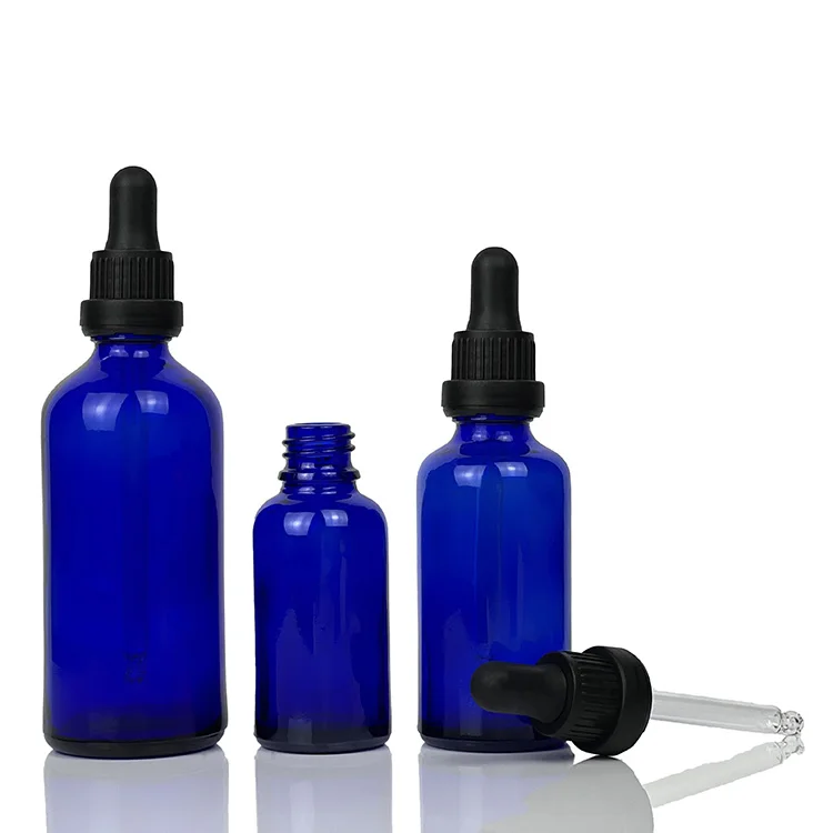 Wholesale 5ml 10ml 15ml 20ml 30ml 50ml 100ml cobalt blue Essential Oil Empty Glass childproof cap Dropper Bottle