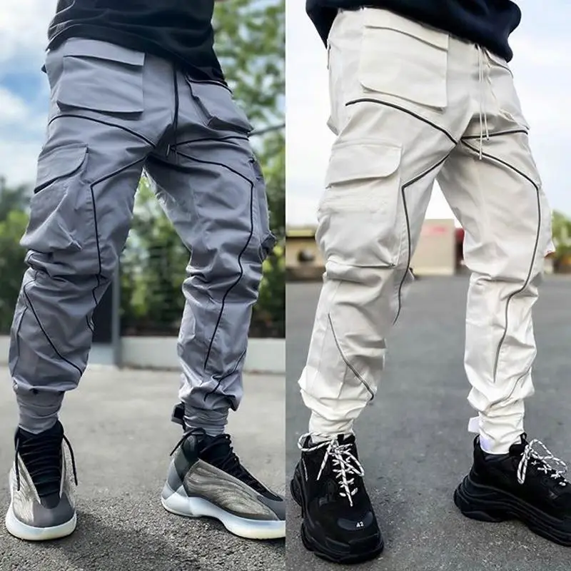 
2021 New Trendy Muscle Fitness Mens Clothing Spring Autumn Sports Casual Cargo Sweatpants Reflective Striped Track Pants 