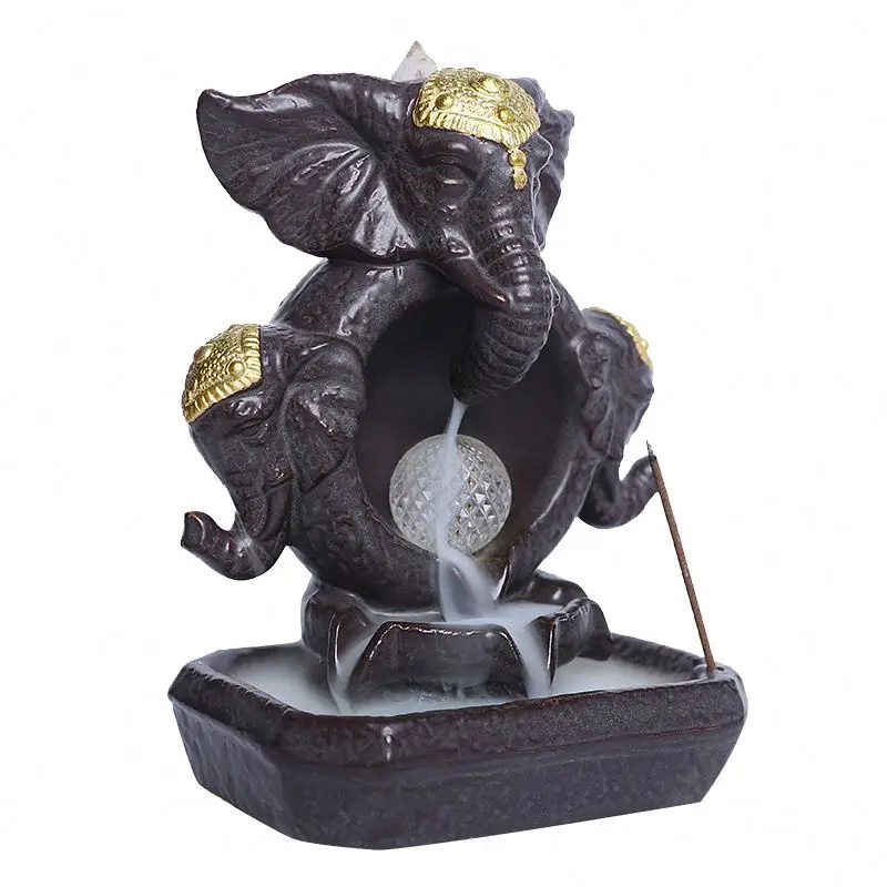 LED Crystal Ceramic Ganesh Pikanet Backflow Incense Burner Elephant Aroma Censer