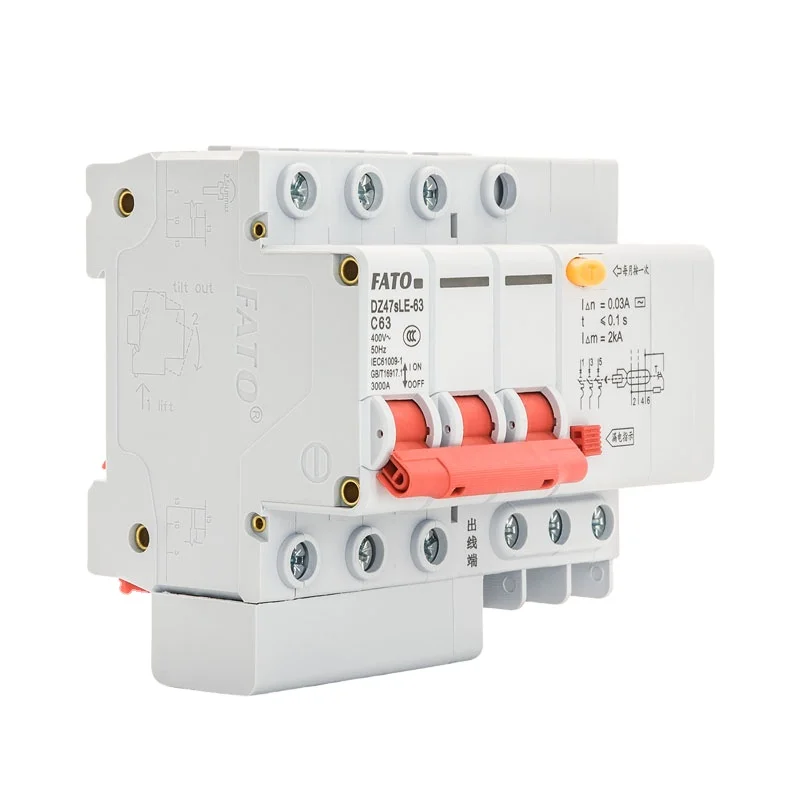 FATO DZ47sLE-63 Elcb DIN Rail Flame Retardant 3 Pole AC 230V/400V 4.5ka/6ka Household Earth Leakage Circuit Breaker