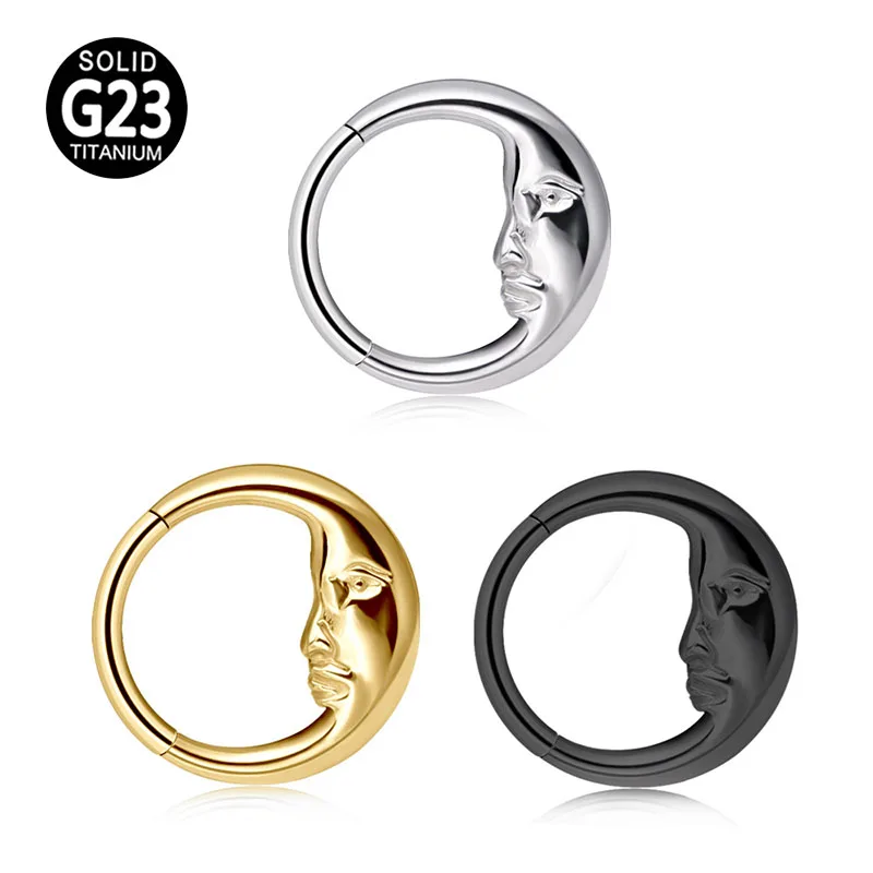 Moon Face G23 Solid Titanium Septum Ring 16G Silver Gold Black Septum Piercing Jewelry Dainty Helix Daith Earrings for Women Men