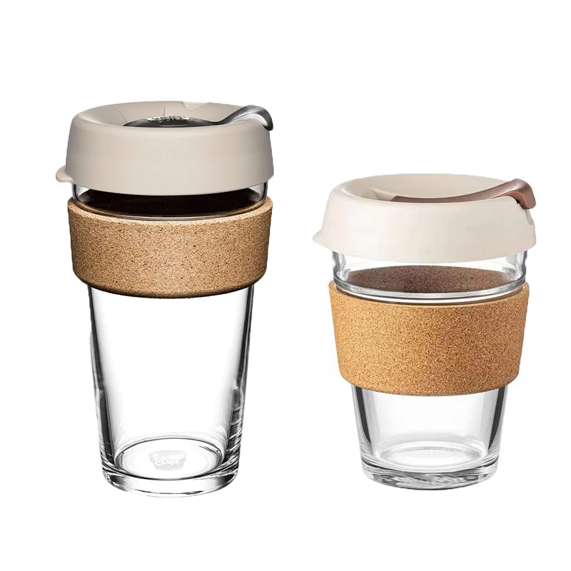 12 Oz 16 Oz High Quality Anti-Scalding Reusable Wall Clear Glass Coffee Cup With Lid Natural Cork Band for Outdoor Travel
