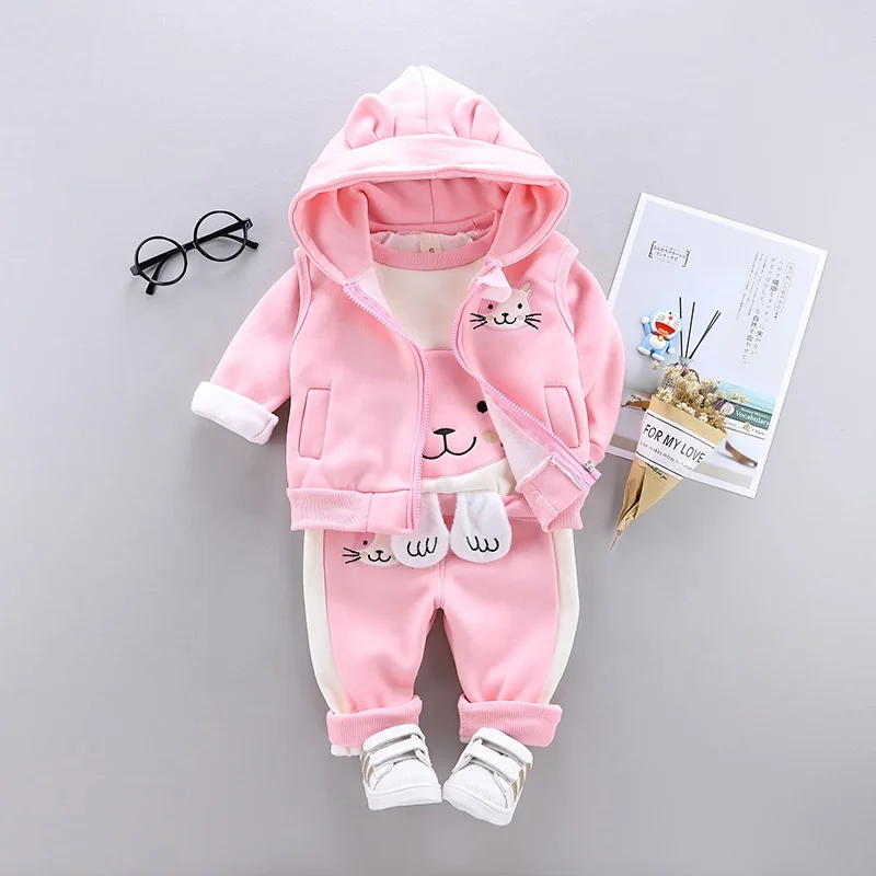 thickness suit girl 3 piece set warm track suits Pink for kids cats kids patternThree Pieces Set Children Clothes