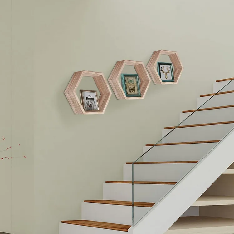 Best selling nature wood sturdy Wall Hanging Honeycomb Decor hexagon shelves