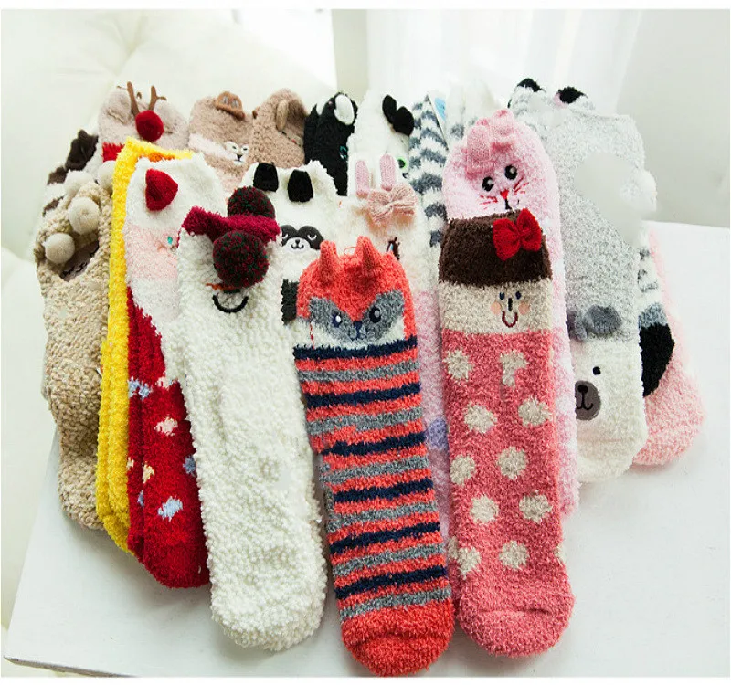 Cute Animal Design Deer Christmas Socks Women 3D Fluffy Coral Velvet Thick Warm Winter Socks with Box R0744