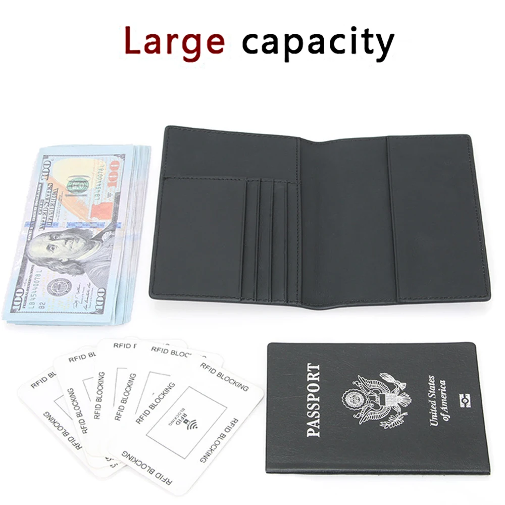 Black Genuine Leather and Microfiber RFID Protection Passport Holder Wallets for Visa Card, Tickets Smooth and Multifunctional