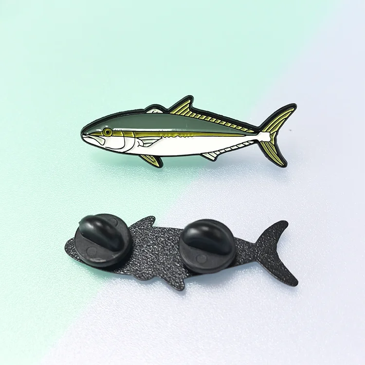 Factory price custom metal fishes shape dye black plating pin badge soft enamel lapel pin