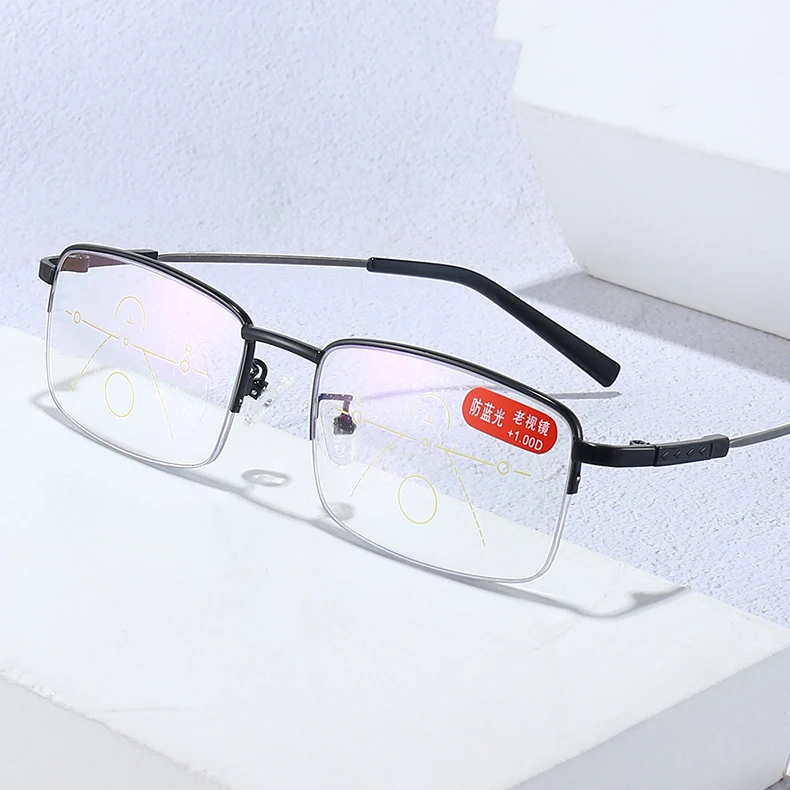 Multi-focus Reading Glasses Half-Frame Metal Memory Titanium Blue Light Blocking Progressive Reading Glasses