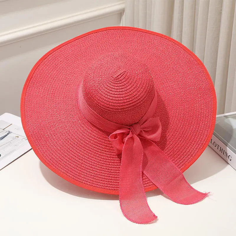 Wholesale Foldable Women Summer Wide Brim Sun Sombrero Ribbon Bow Paper Straw ppy Beach Hat