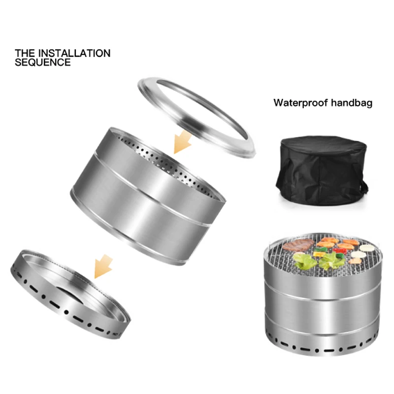 Stainless Steel 201 Outdoor Bonfires Brazier Stove Smokeless Charcoal Camping Solo Fire Pit Portable 19.5 inch