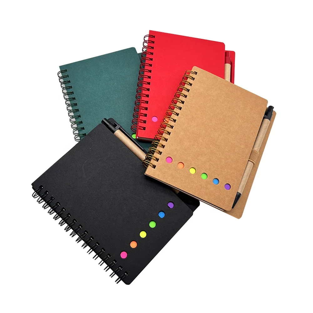 Customized 4 Packs Available Kraft Paper Spiral Notebook A5 Lined Notepad with Pen in Holder Sticky Notes