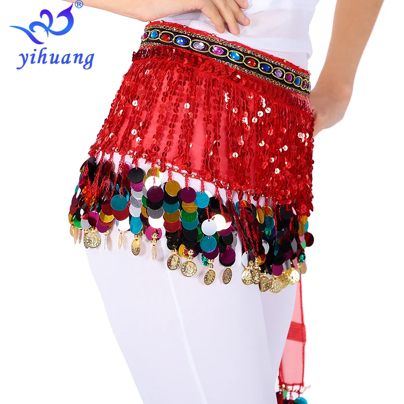 Women Hot Sale Halloween Costumes Hip Skirt Sexy Sequined Tassel Bellydance Hip Scarf Festival Wrap Mini Skirt with Sequins Coin