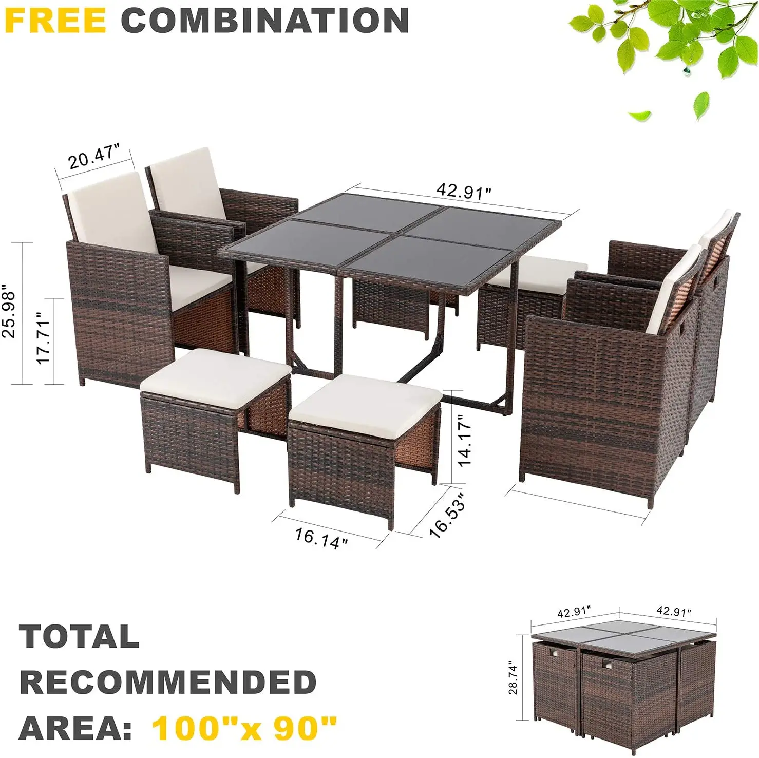9 Piece Small Patio Dining Set Lawn Outdoor Garden Backyard Patio PE Wicker Rattan Furniture Set
