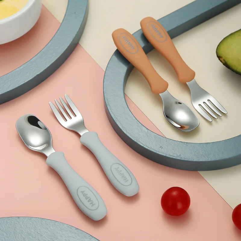 New 316 Stainless Steel Silicone Baby Spoon Fork Baby Feeding Training Cutlery Set