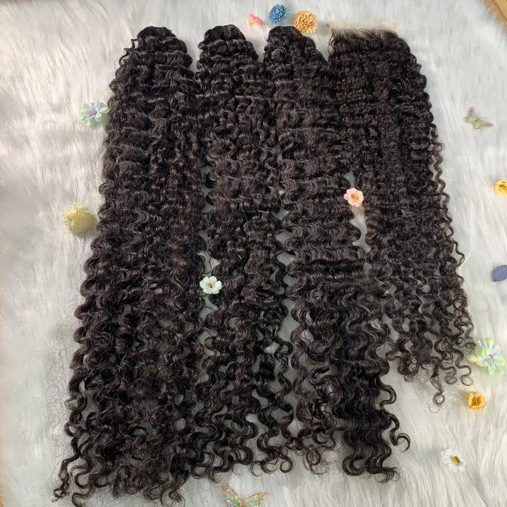 High Quality Burmese curly 38 inches Super Double Drawn Vietnamese Human Hair Weft Hair Extensions, Natural Black closure wig