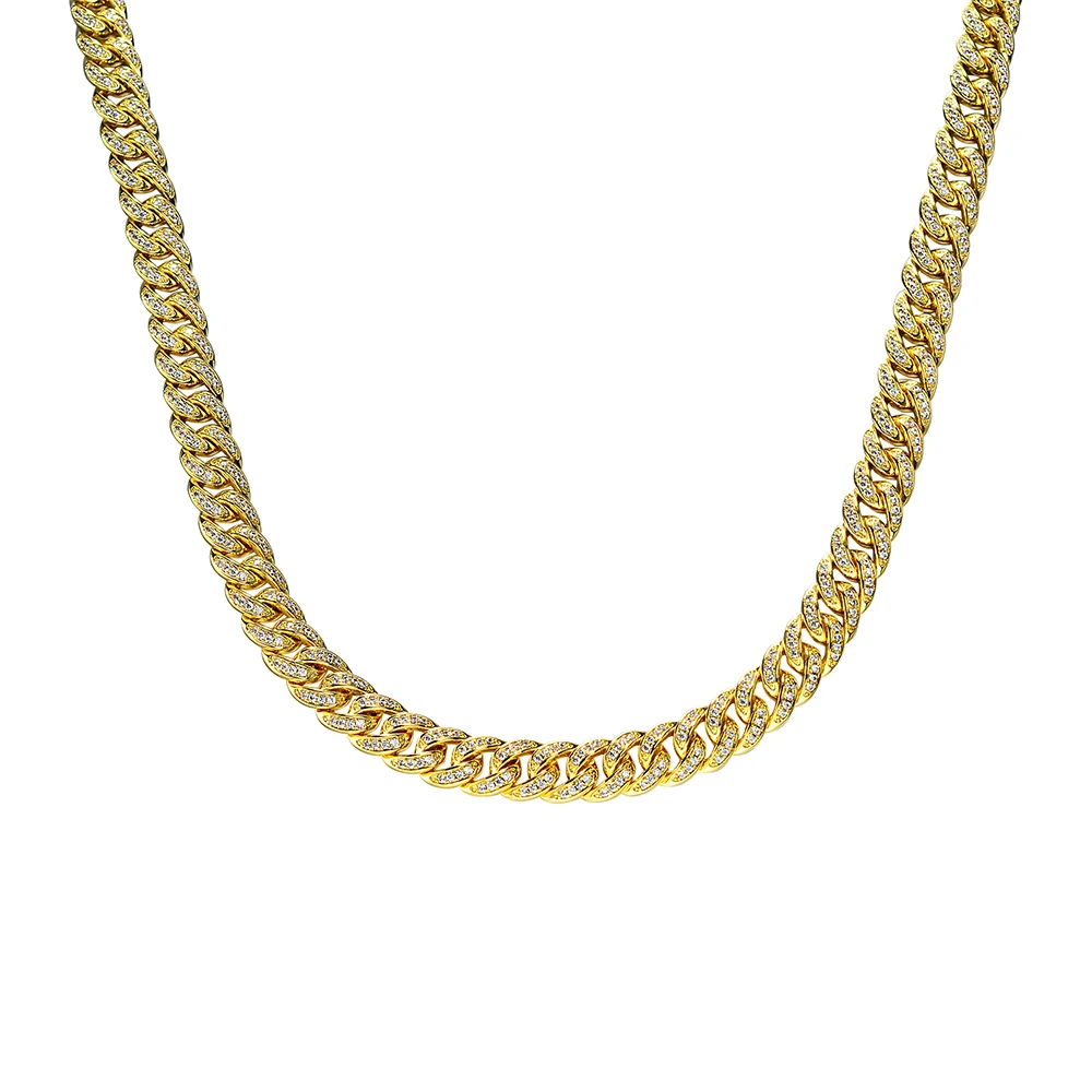 Fine 9MM Hip Hop Style Cuban Chain Yellow Gold Plated Iced Out Pave 5A CZ Shiny Round Diamond 925 Sterling Silver Necklace