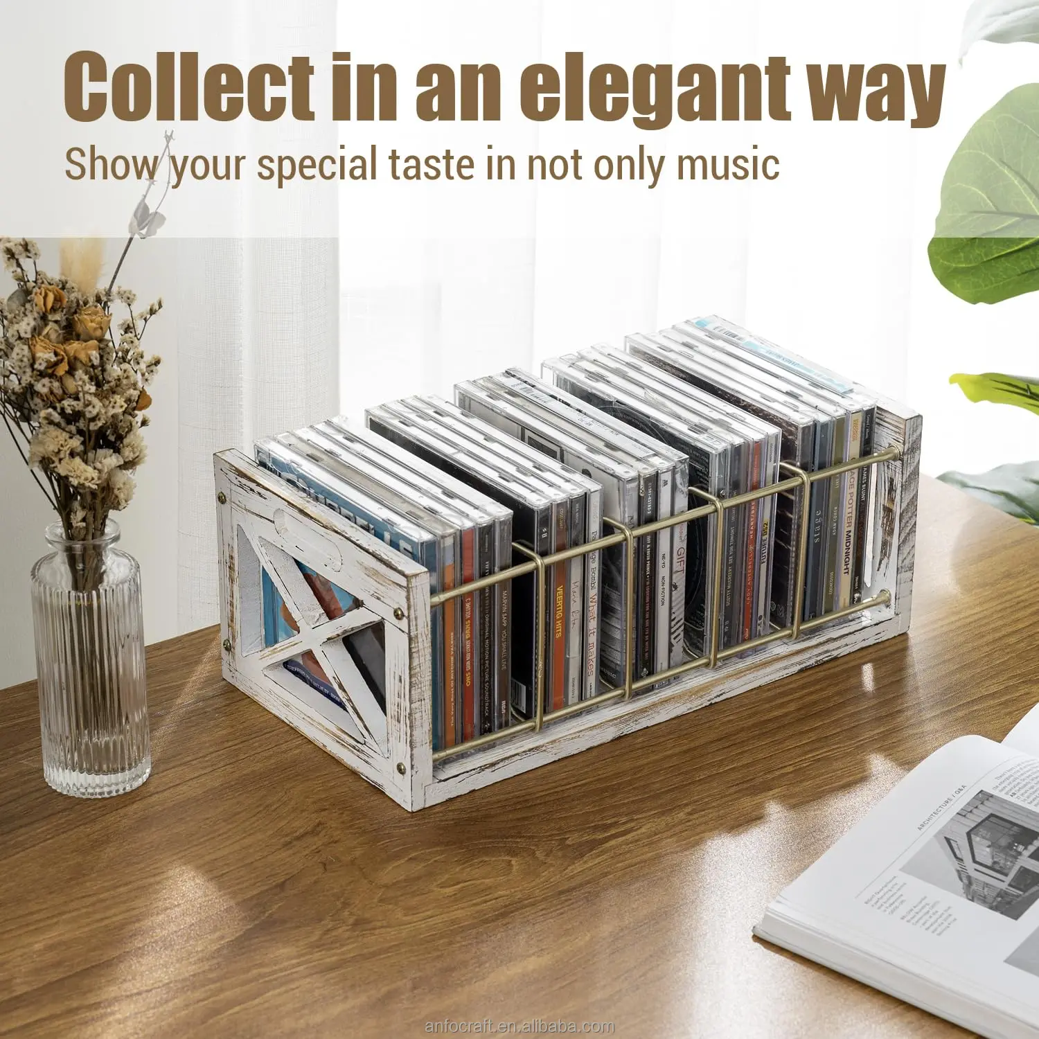 CD Storage Holder, 5-Slot Farmhouse Industrial CD & DVD Storage Rack with Handles Barn Door Rustic Solid Burnt Wood