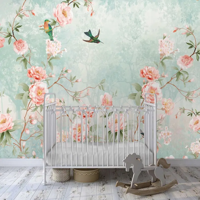 Beautiful garden flowers wallpaper mural  removable fabric blooming rose bush and birds temporary wallpaper self-adhesive