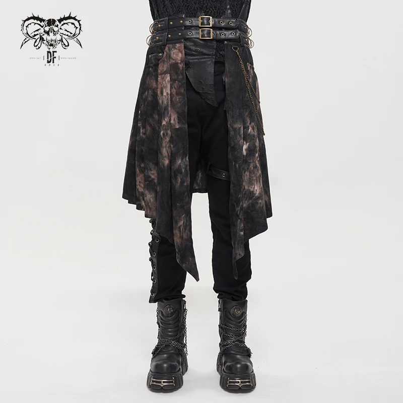 SKT142 bronze metallic Hip-hop Punk corduroy leather waistband tie dye men skirt with chain and pockets