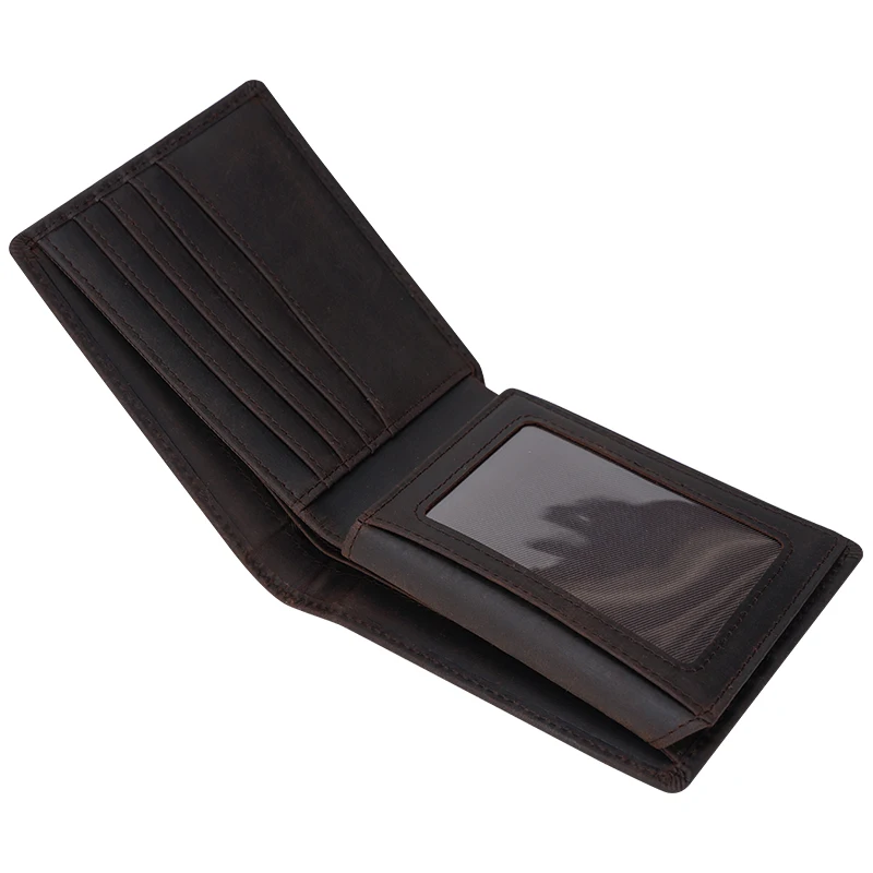 Hot Selling Engrave Custom Logo Black RFID Blocking With 2 ID Window In Stock Wallet for Men Crazy Horse Leather Bifold Wallet