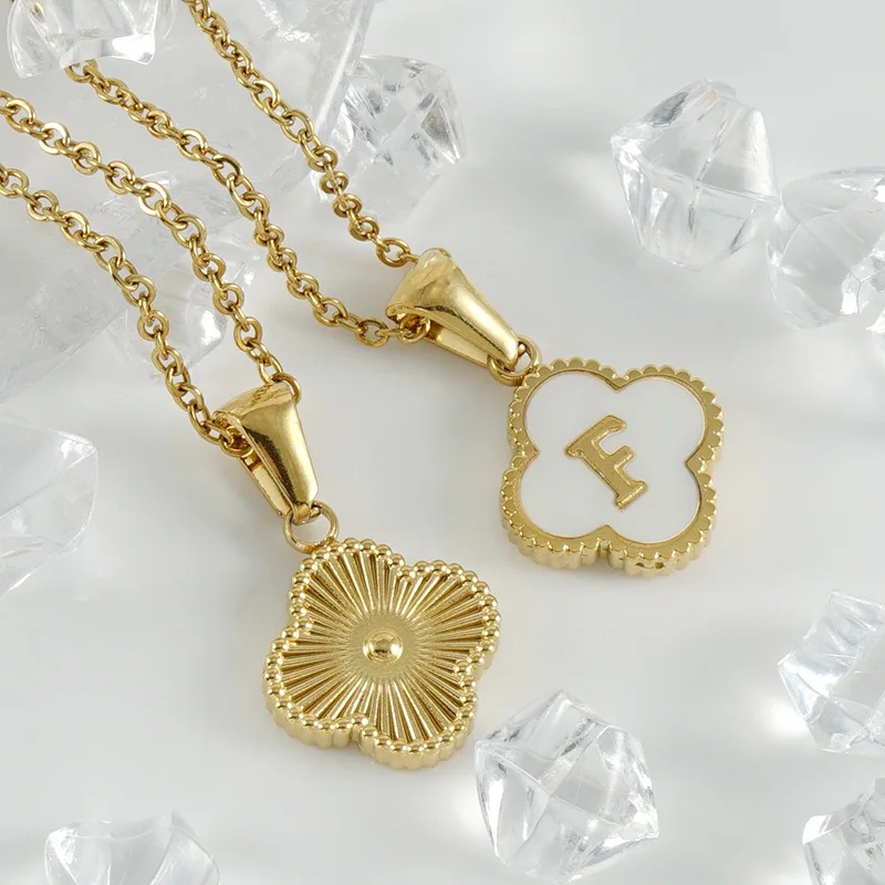 Minimalist Jewelry Stainless Steel Rectangle 26 Letter Pendant Necklace A-Z Alphabet Four-leaf Clover Nacre Shell Charm Necklace