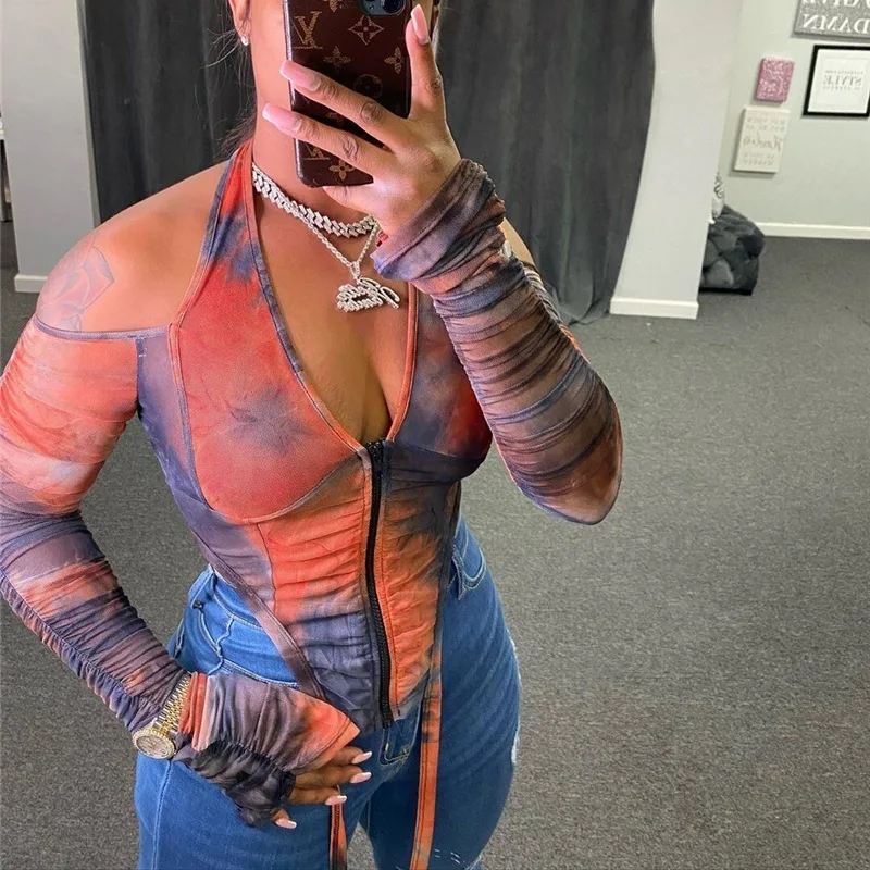 New Arrival Woman T-shirt With Zipper Long Sleeve V-neck Lace Mesh White Crop Top