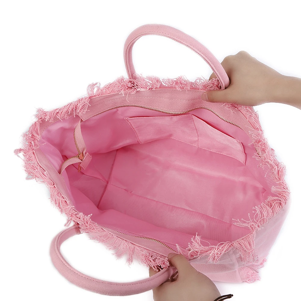 6 Colors Heavy Duty Travel Outdoor Cotton Cloth Hot Beach Bag For Women Waterproof Large Blank Fringe Tassel Tote Bag Canvas