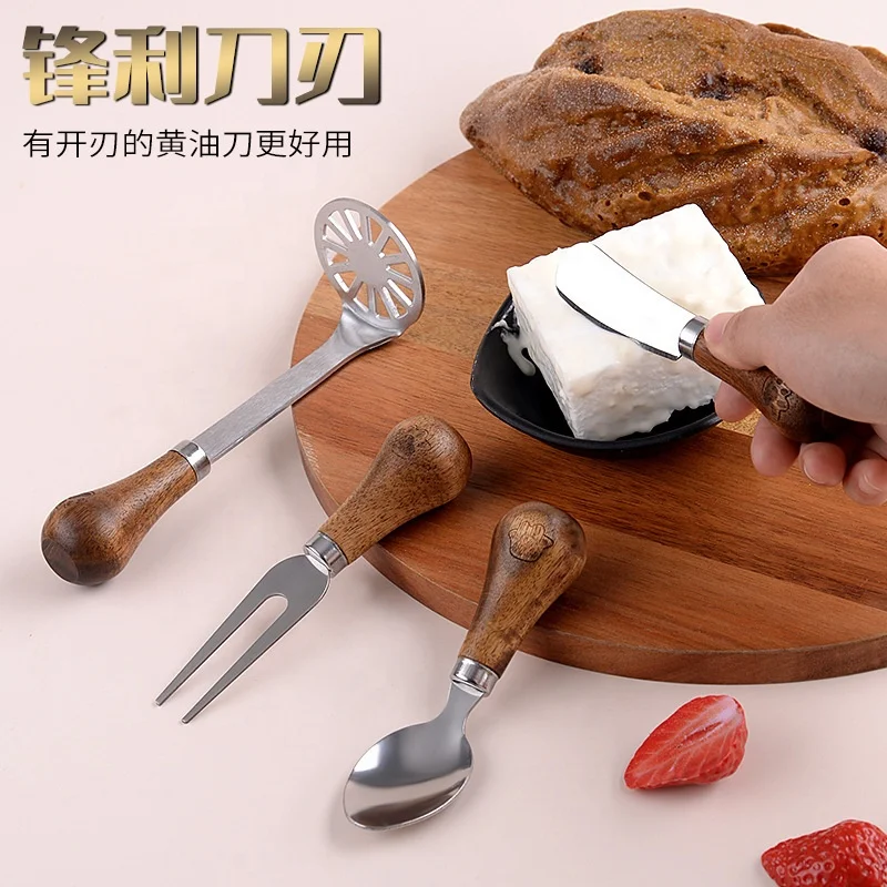 Wooden Handle Stainless Steel Potato Press Cheese Knife Fork Spoon Set Kitchen Baking Tools
