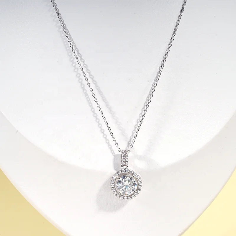 Классический дизайн Starsgem 925 Серебряная цепочка 1ct Круглый Муассанит камень и гало ожерелье