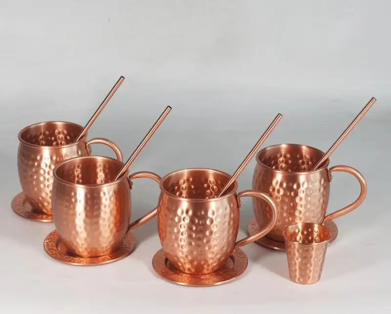 Copper Mug With Copper Handle Food-Safe Hammered Drinking Water and Beer Gift Set Cups for Moscow Mules