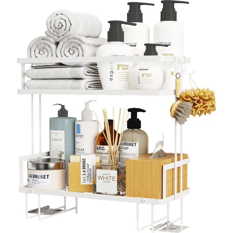 Hanging /Standing Over The Toilet Organizer Shelf 2 Layer Carbon Steel Corner Shelf Countertop With Hooks Bathroom Organizers