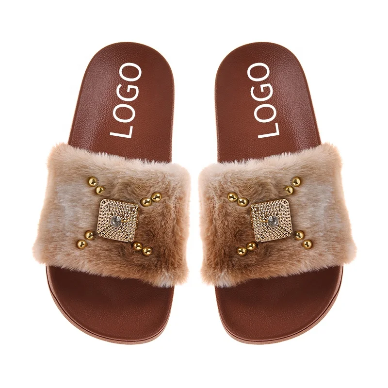 Custom logo Wholesale soft comfortable non-slip fur pcu slides girls winter purple slipper for women