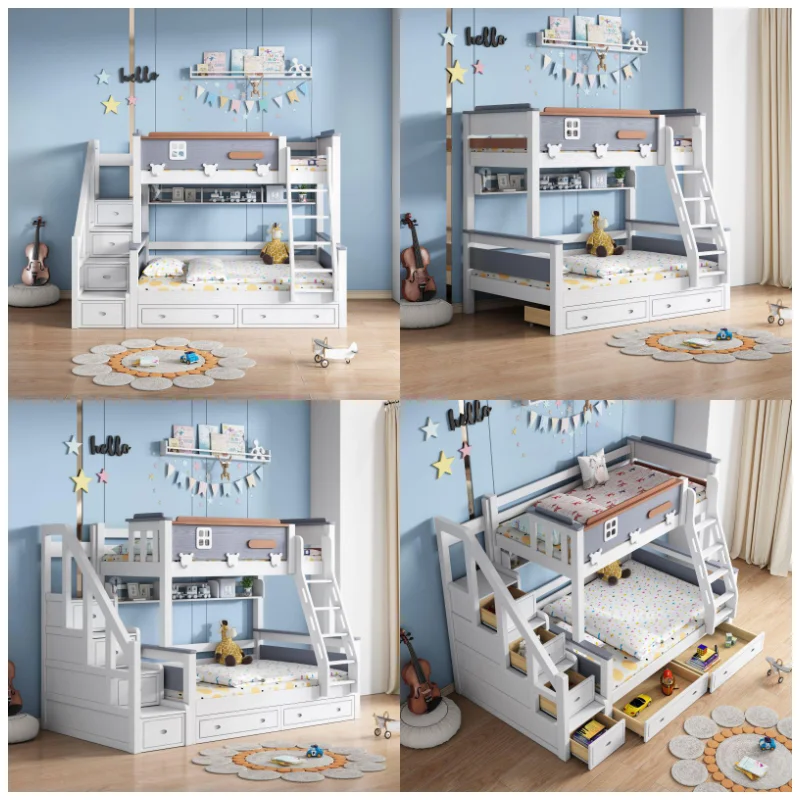 Cheap Kids Bedroom Furniture Solid Wood Cartoon Bed Children Bunk Bed for Stair Storage Study Table With Slide