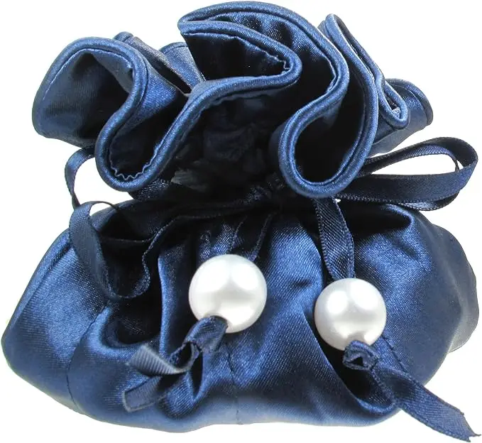 Wholesale Custom Logo and Size Navy Blue Silk Drawstring Ring Pouch for Promotion Wedding Gift Bags