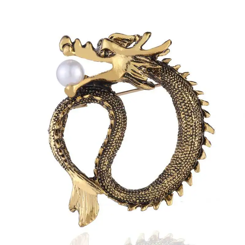 Retro Simple Custom Made Bulk Gold Crystal Chinese Pearl Dragon Brooch