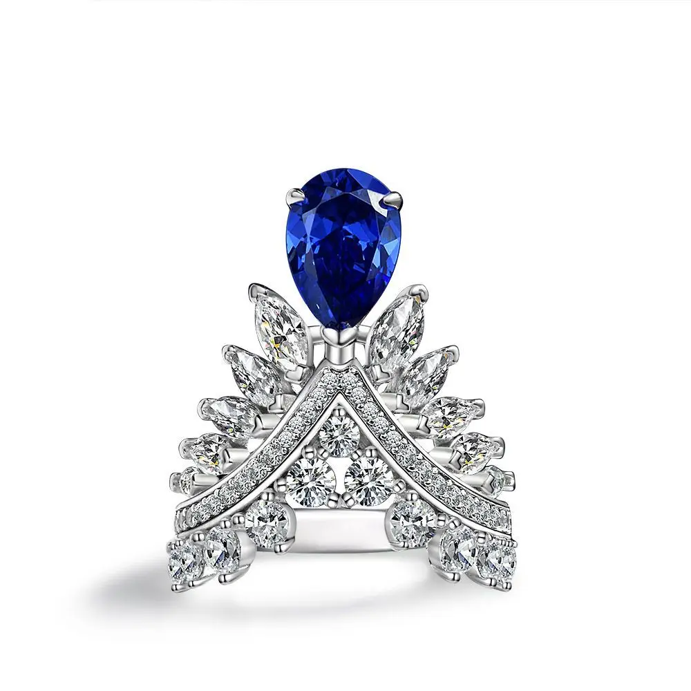 2021 new unique pear-shaped 7*10 feather crown ring high-quality high-carbon diamond sapphire s925 silver women rings