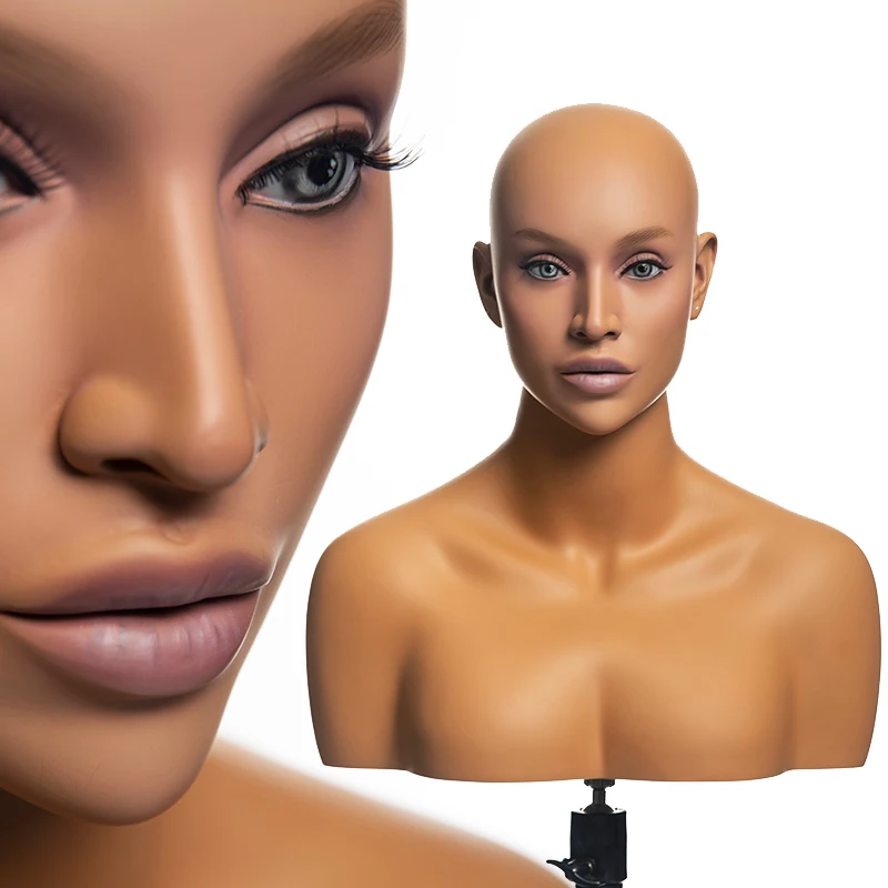 H22  Fiberglass mannequin head with shoulder realistic female mannequin head for wig display