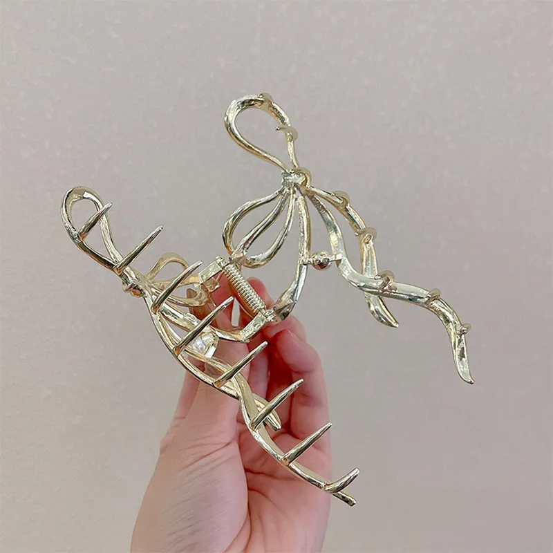 Metal Ribbon Pearl Hair Clips Women Large Bow Plate Hair Shark Clip Hair Accessories