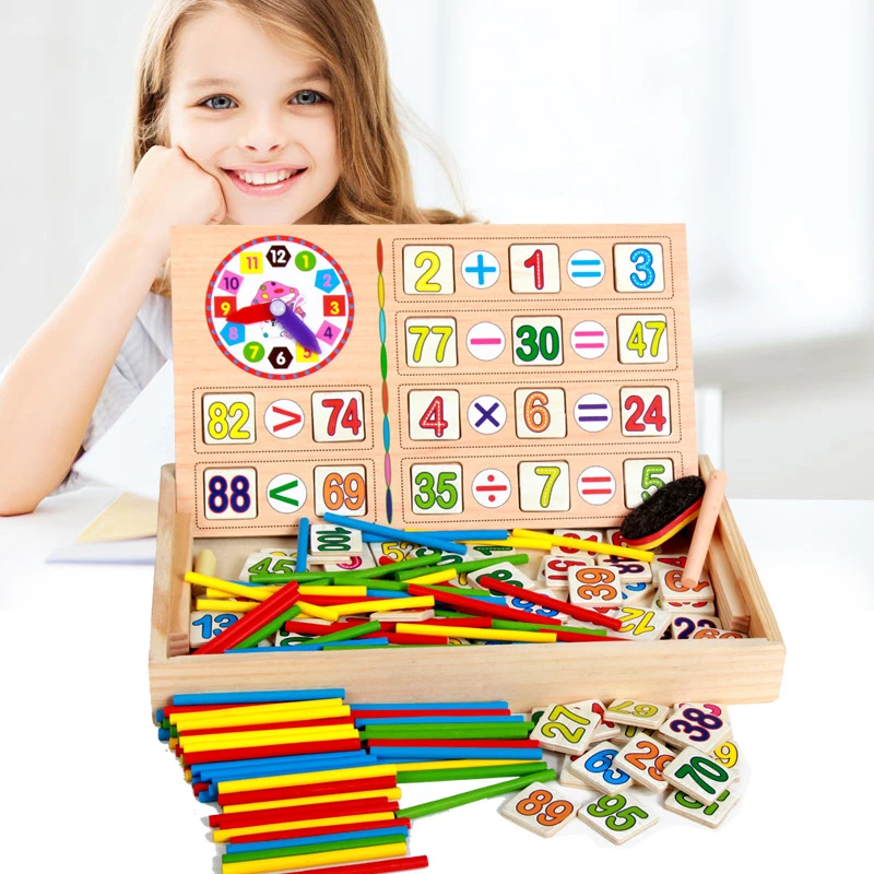 Hot selling Maths Teaching Box Set Children Wooden Number Counting Math Toy Mathematics Sticker Calculate Game Educational wood