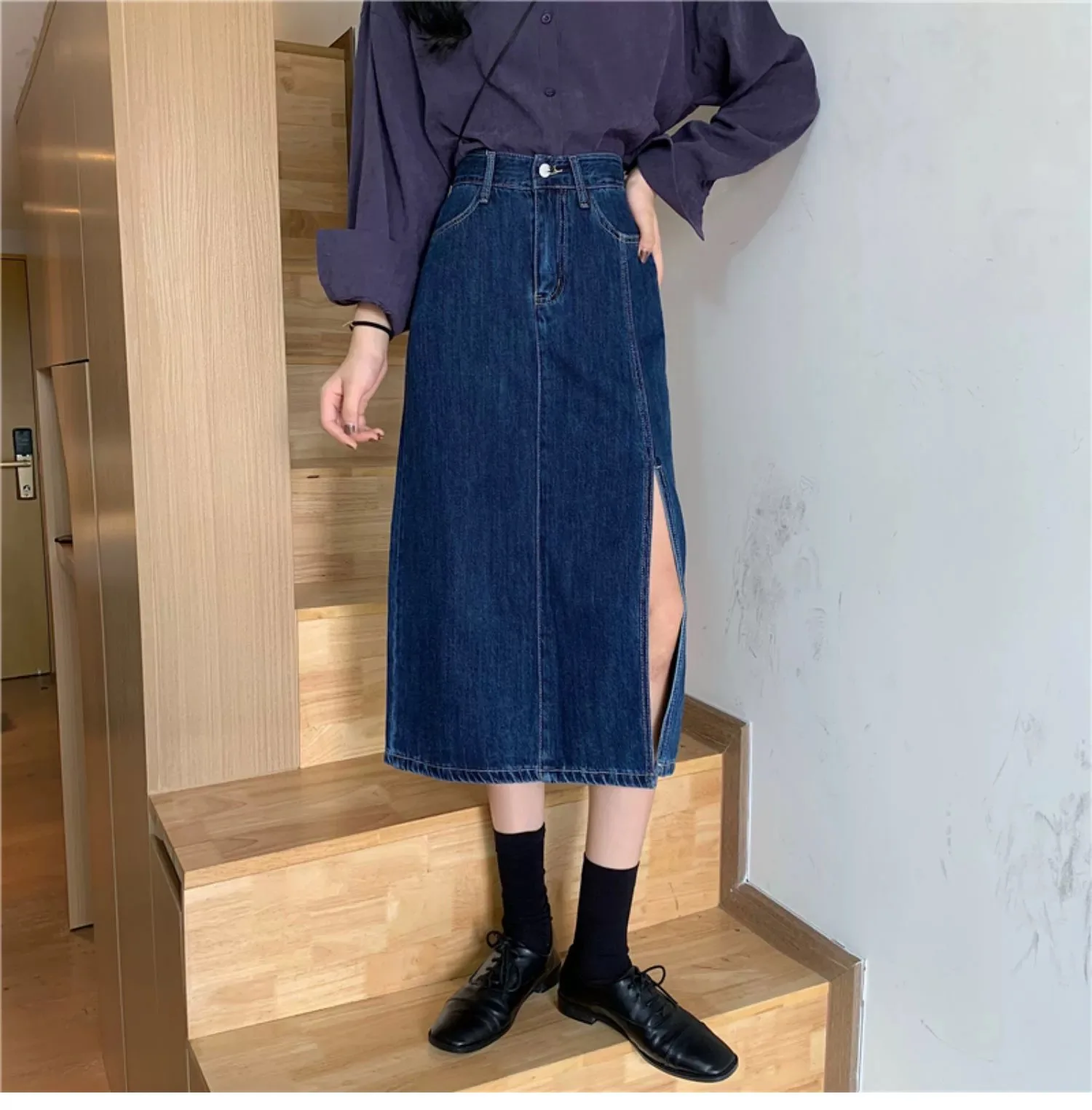 New Design Deep Blue A-Side Hip Wrap Denim Skirt Women Retro Vintage Style Elegant High Waist Slim Long Jean Skirt Summer Spring