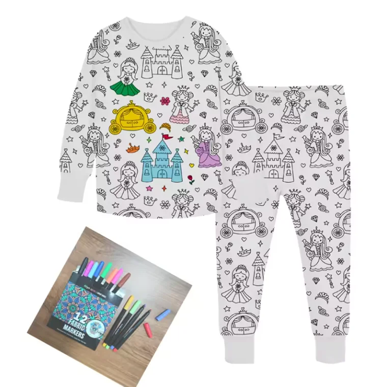 Custom kids pajamas set cotton with marker pen boys and girls kids cotton sleepwear colorable kids diy coloring pajamas