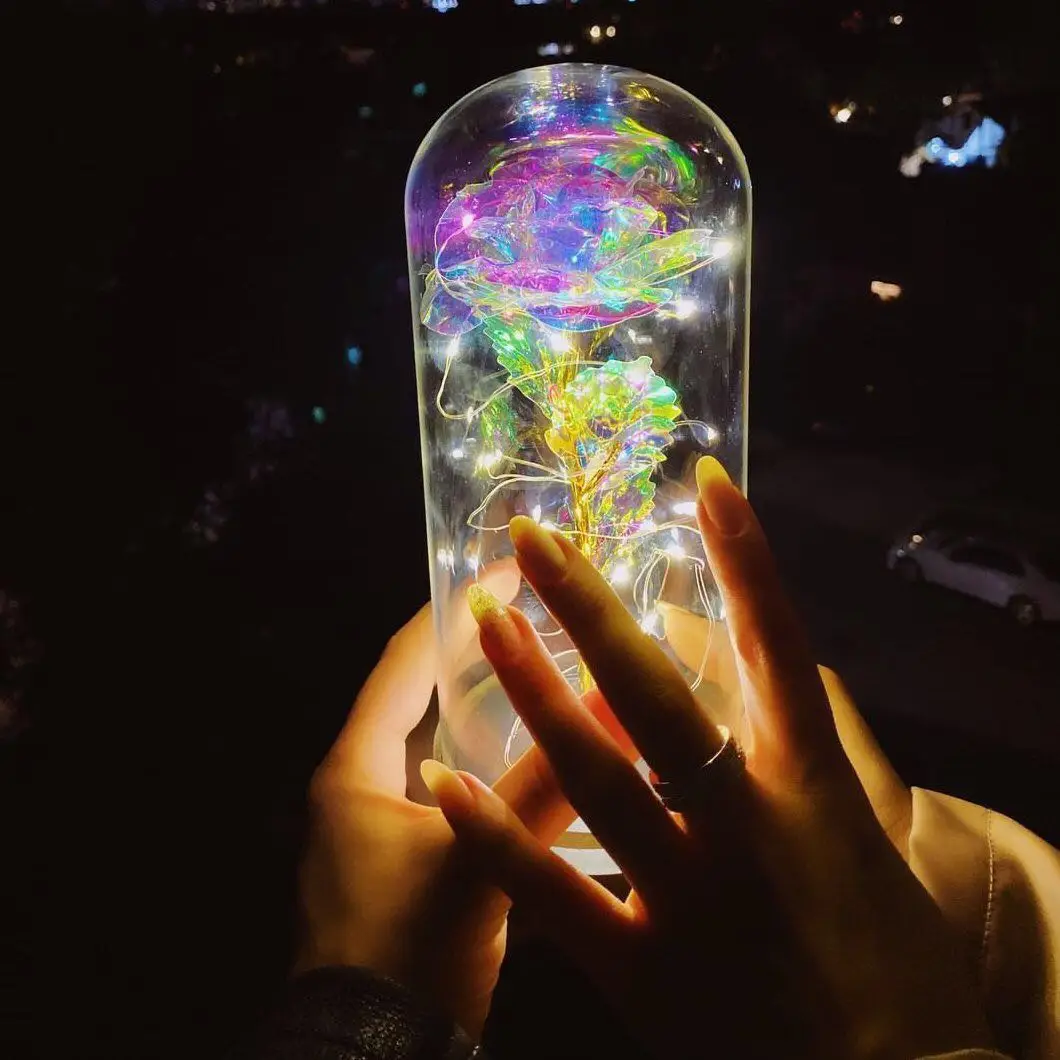 Wholesale Price 24K Gold Foil Roses Galaxy Roses With Led Lamp In Glass Dome For Mothers Day Valentine Day