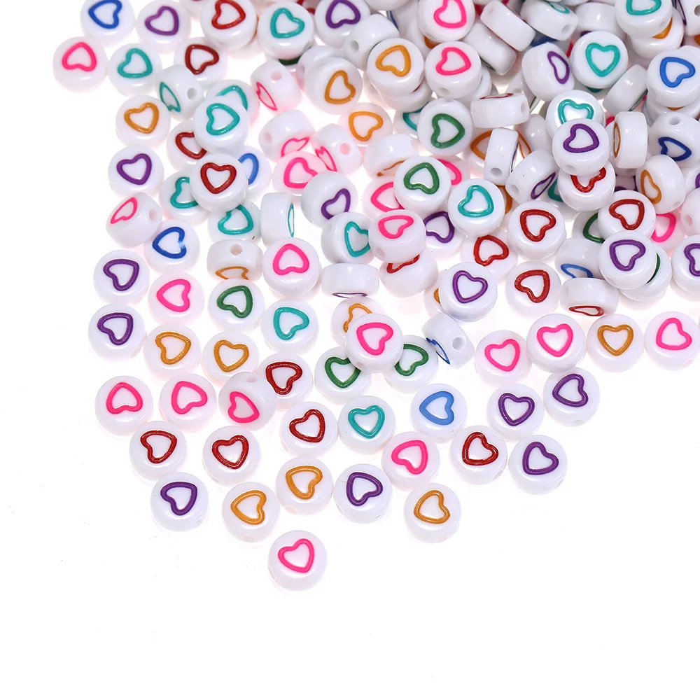 Loose Beads Factory Price 4mm*7mm Coin Hollow Colorful Heart Plastic beads Acrylic Alphabet For Jewelry Making Letter BeadsAcry