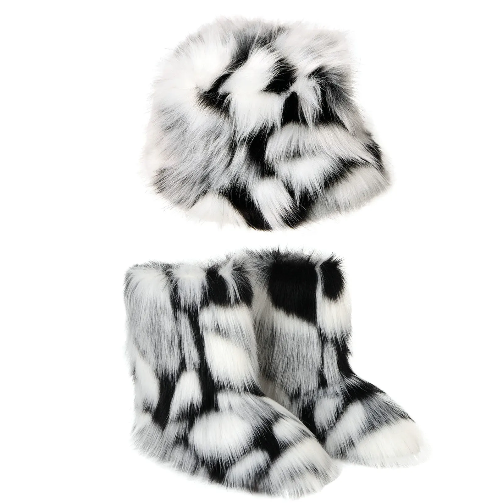 Winter new Europe American fashion women plush snow boots and hat two piece set Colorful Fur Bucket Hat Warm Fur ankle Boots