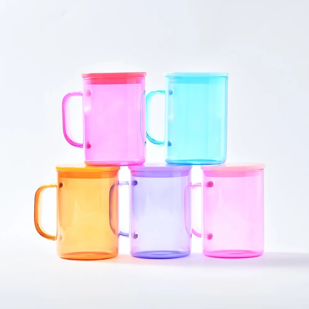 wholesale bulk 15oz Jelly Glass Camper Mug with colored pp lid Tea Milk Beer Crystal clear sublimation glass mug with pp lid