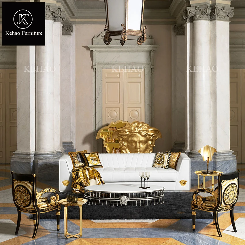 royal golden Italy 2 seart home living room furniture sofa set leather couch 3 seater villa white dubai luxury medusa sofa